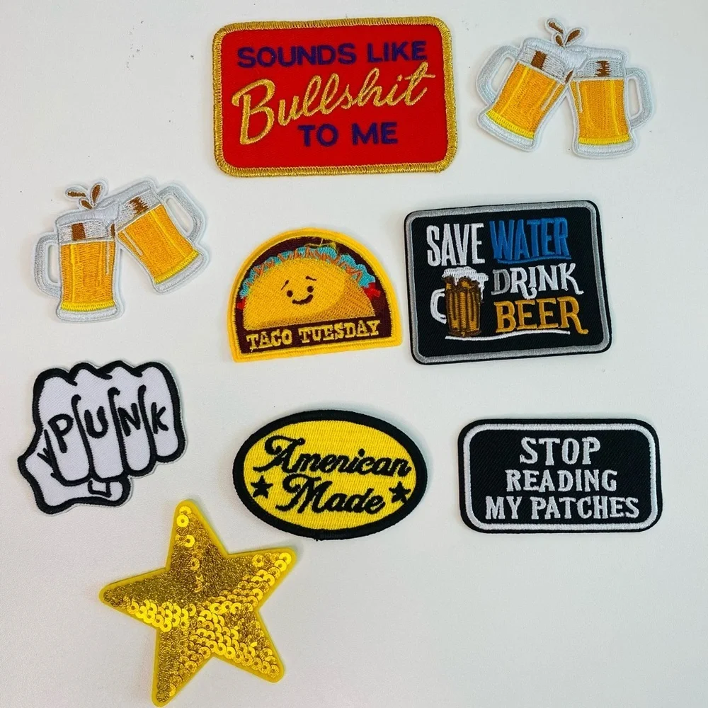 Lot of 9 embroidered iron on patches, men’s patches, beer, DIY projects